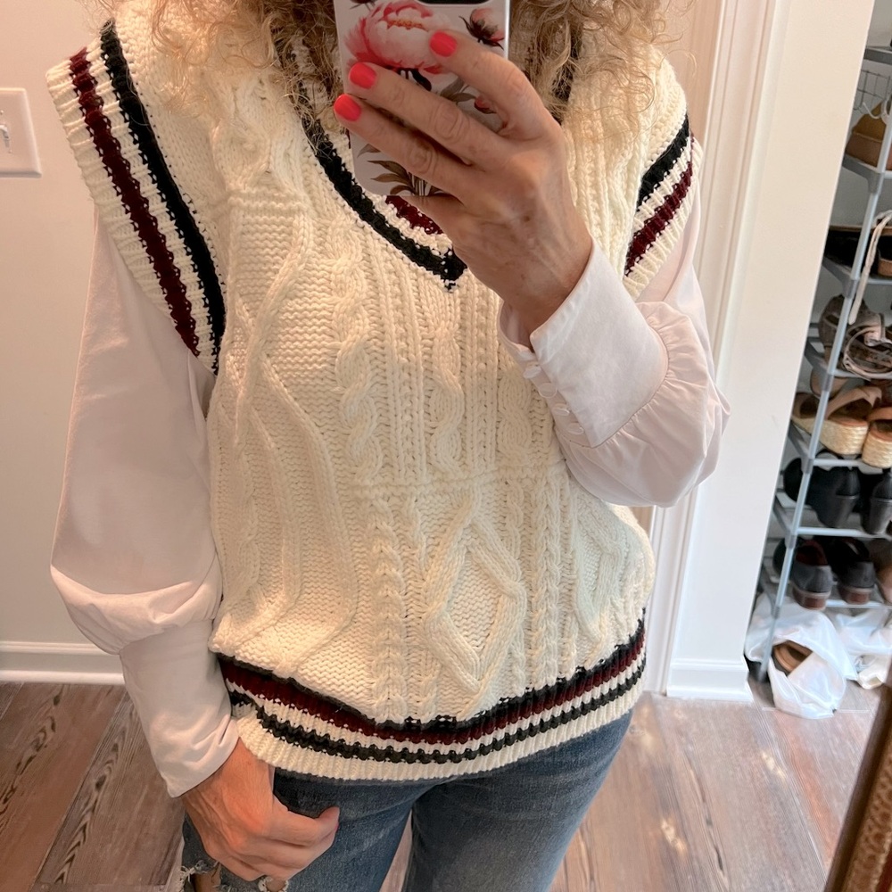 Cable Knit Sweater Vest Cream Sporty Stripes Size Large - Picture 3 of 9